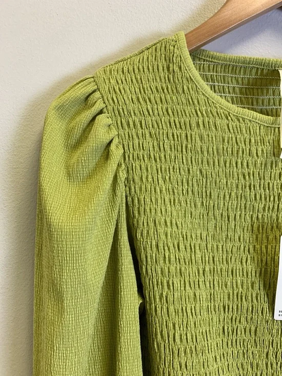 Anthropologie Lime Green Smocked Long-Sleeve Top - Picture 4 of 6